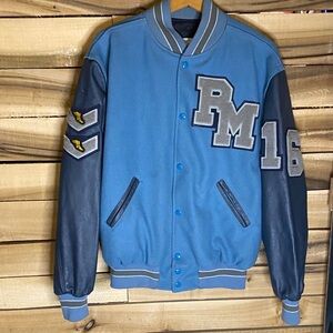 Em Roe Blue and Gray Varsity letter Jacket size Medium 2016 Perry Meridian